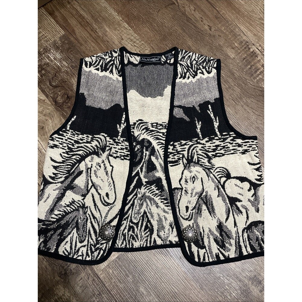 Vtg Horse Equestrian Tapestry Vest Cowgirl Western Black White Sz M Concho Boho